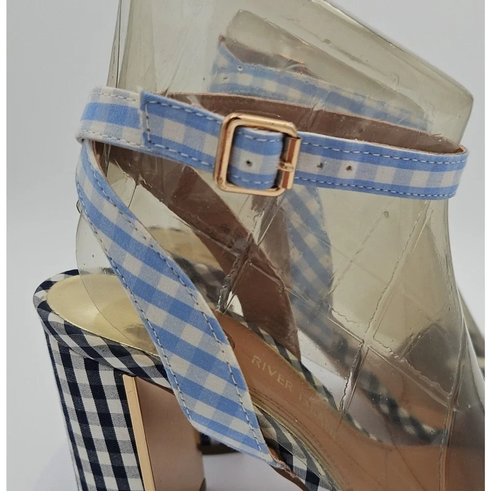 River Island‎ Lt & Dk Blue Gingham Strappy Sandal 4 inch Heels Womens Sz 7 *EUC*